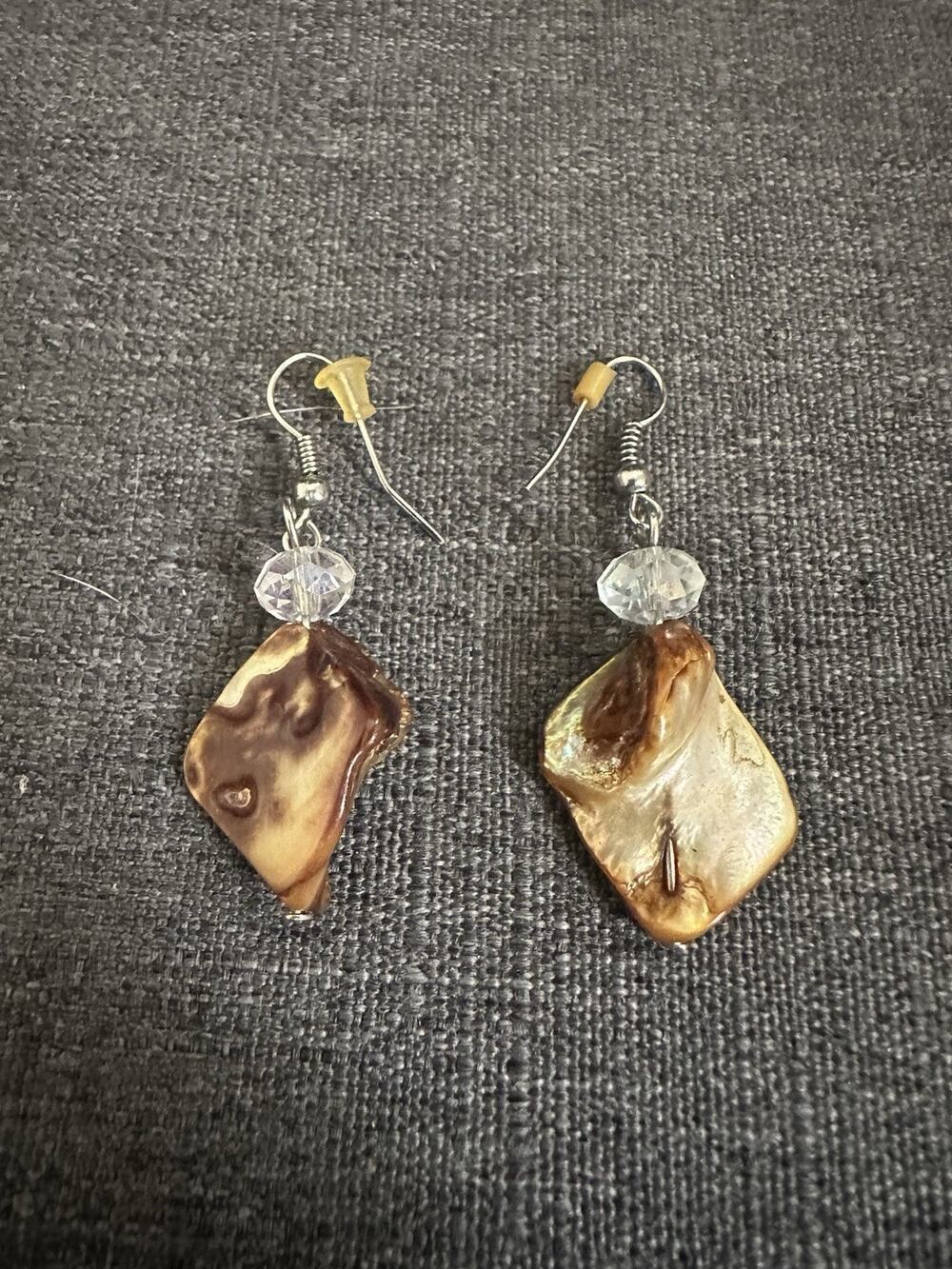 Brown Cream Shell Dangle Earrings Clear Beads Boho Artisan Style